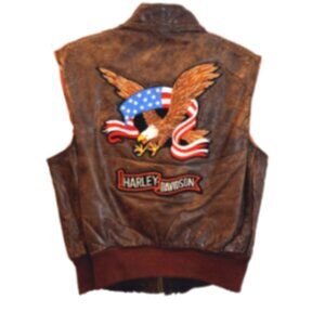 Men’s Distressed Brown Leather Vest XL Full Zip Lined Pockets Vintage w/ Patches